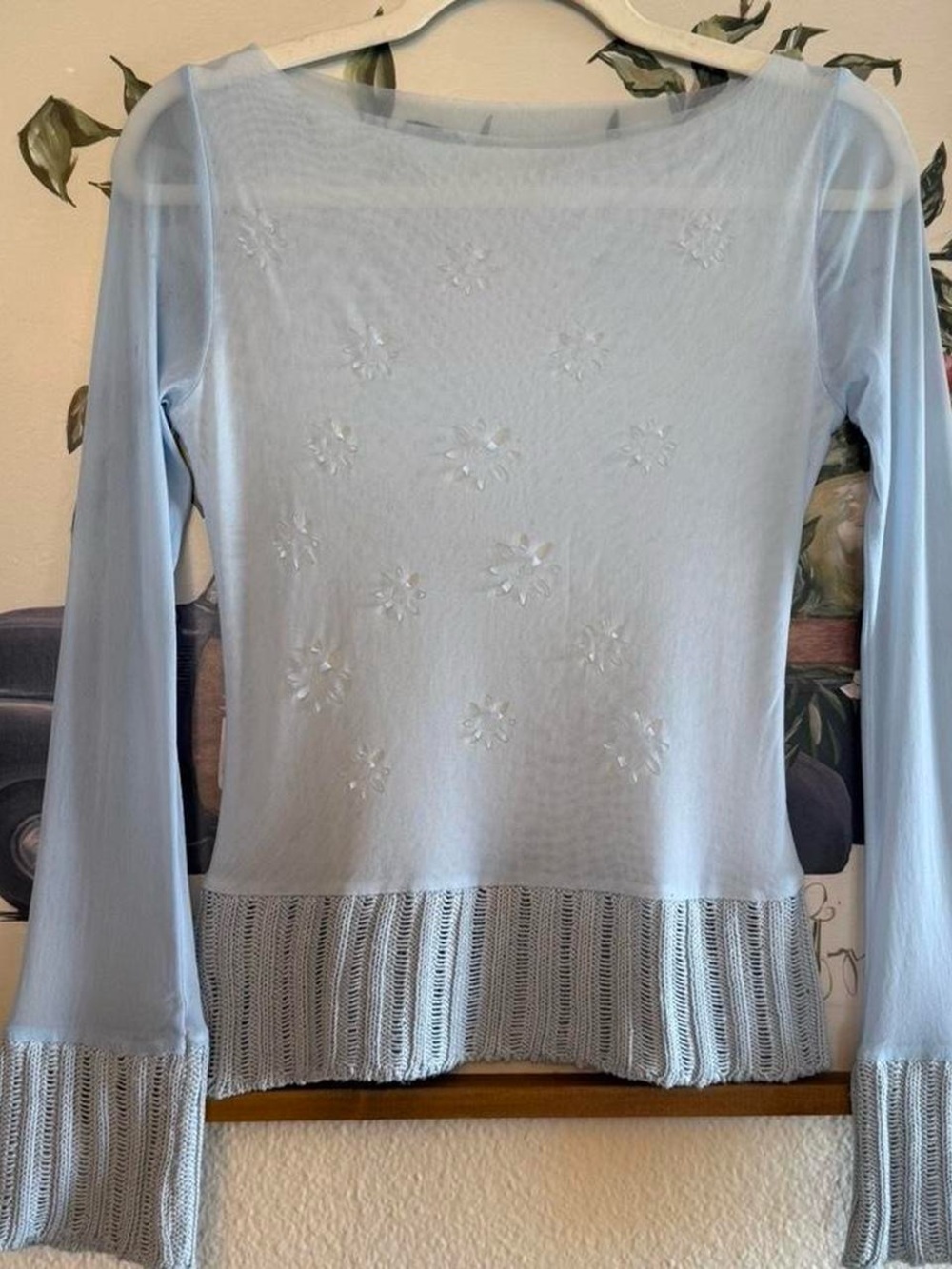 Made in Italy Light Blue Floral Mesh Long Sleeve Top